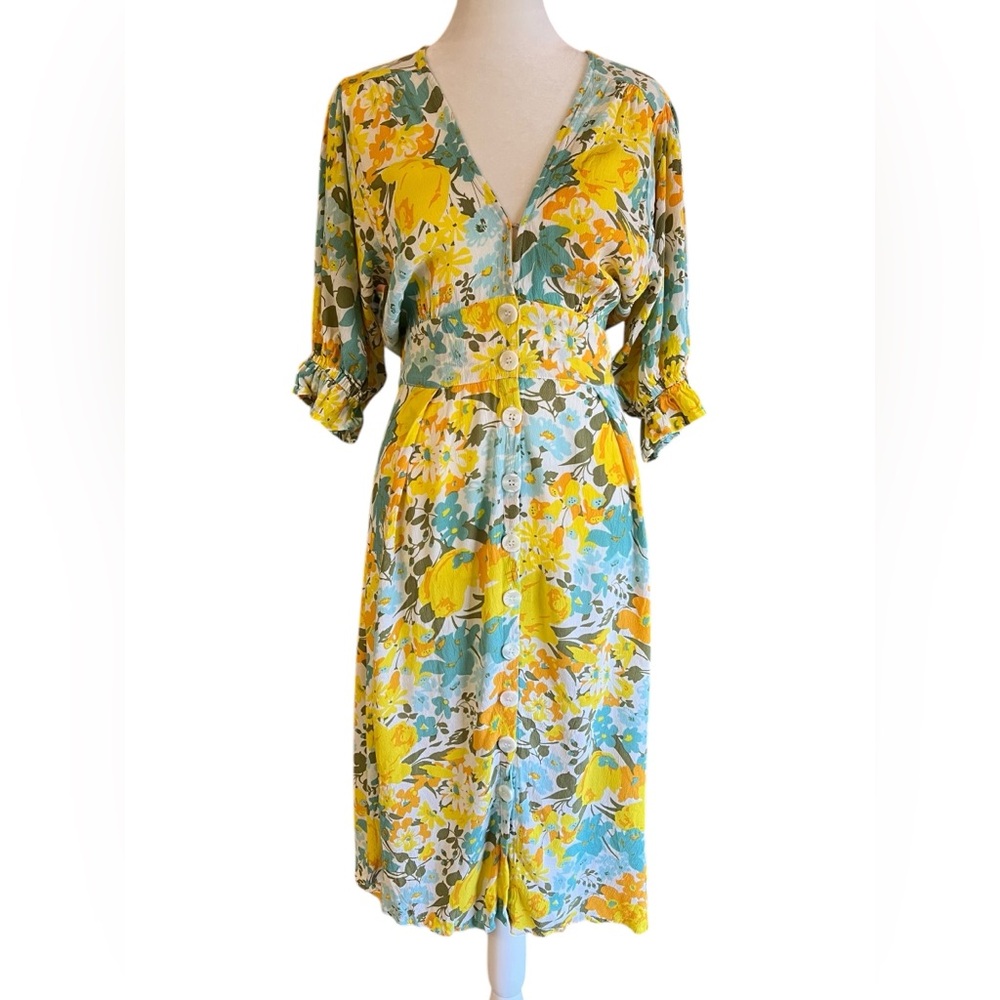 FAITHFULL THE BRAND Rafa Annina Floral Print Button-Front Midi Dress Yellow Teal